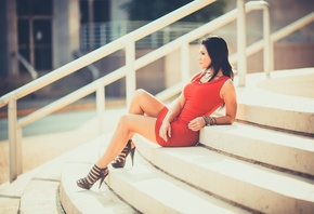 Emily, Girl, Model, Dress, Red, Sitting, Stairs