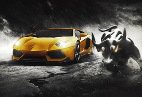 Lamborghini, Aventador, LP700-4, Yellow, Bull, Supercar, Wall, Design