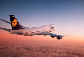 plane, lufthansa, boeing 747, 8i, sky, clouds