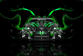 Tony Kokhan, Monster Energy, Logo, Ford, Mustang, GT, Muscle, Car, Front, Green, Aerography, Tuning, Acid, Drink, Black, el Tony Cars, Photoshop, Design, Art, Style, HD Wallpapers,  , , , , ,  ,  , 