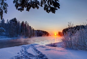 winter, mountain, snow, trees, road, sun, sky, blue