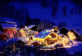 cabin, mountain, tree, snow, lake, light