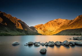 lake, mountain, reflextion, water, sky, blue, bench