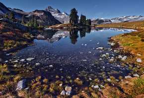 lake, mountain, reflextion, water, sky, blue, cabin