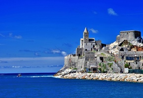 castle, ruins, ocean, water, stairs, blue, sky