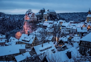 city, night, snow, winter