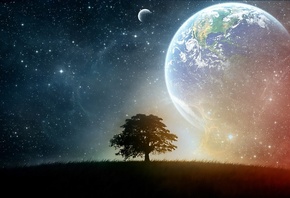 earth, moon, space, tree, stars