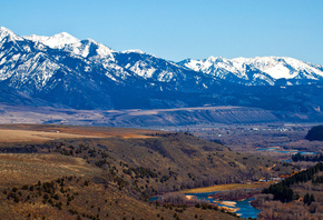 mountain, snow, river, village