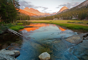 mountain, river, water, rock, tree