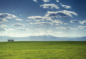 bench, fields, grass, green, mountain, hills, sky