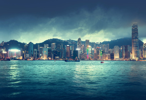 Hong kong, china, city, skyline, sea, river, ships, buildings, sky, clouds, ...