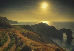 sun, ocean, clouds, sea, rocks, hills