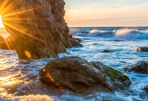 sunrise, rock, sun, ocean, water, sea, sky, beach, sand