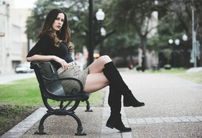 boots, legs, skirt, look, hair, brunette, street, bench, sexy