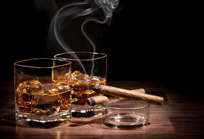 , , , , a glass of whiskey, ice, cigar