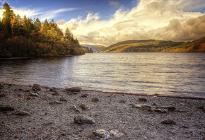 lake, mountain, tree, forest, water, sky, blue, rock, sand