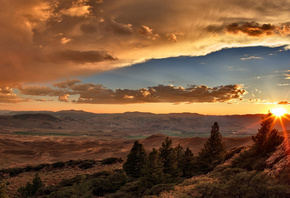 sunrise, mountain, clouds, sky, tree, hills