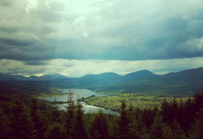 river, mountain, clouds, tree, green