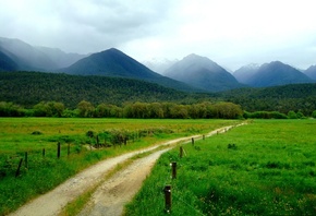 mountain, fence, green, tree, grass