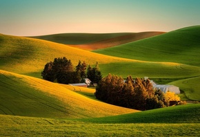hills, houses, grass, green