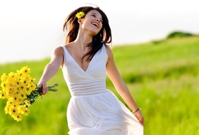 flower, dress, smiles, fields, girl