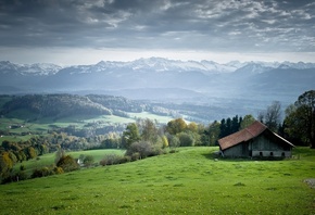 green, house, grass, village, mountain, hills