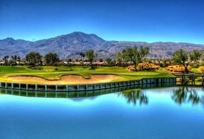 golf, lake, tree, water, fields, houses