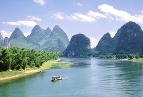 boat, river, mountain, water