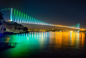 Bosphorus Bridge, Istanbul, turkey, night, lights, buildings, Sea of Marmar ...