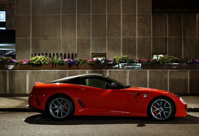 Ferrari, 599, gto, red, street, night, road, flowers, light