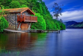 lake, water, cabin, tree