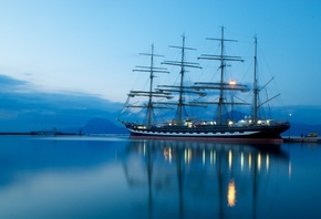 ship, sailfish, Kruzenshtern, sea, Mountains, sky