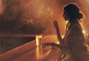 girl, bar, glass, cigarette, smoke, light