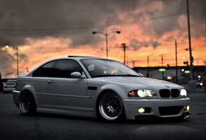 BMW, white, city, sky, sunset