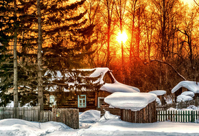 sunrise, forest, cottage, snow, tree, winter
