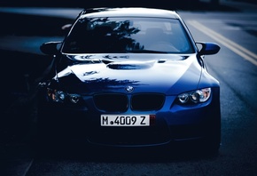 BMW, blue, front, road, twilight