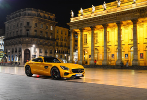 Mercedes-Benz, AMG, GT S, 2015, Yellow, Supercar, Front, Night, Place, Square, 