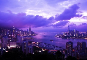 hong kong, china, city, braemar hill, victoria harbour, evening, dawn, skyscrapers