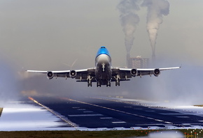 boeing 747, plane, clouds, sky, airport, fly
