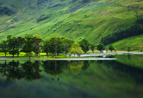 lake, reflection, trees, house, hills, trees, grass