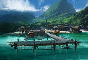 pier, water, mountains, village