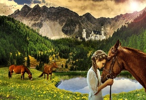 horses, girl, castle, mountains, trees
