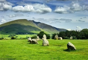 stones, field, grass, green, hills