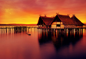 houseboats, lake, sunset, sky