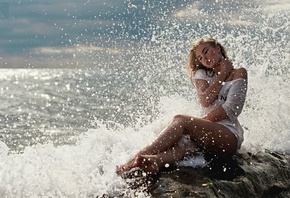 ocean, rocks, foam, water, waves, girl, sexy