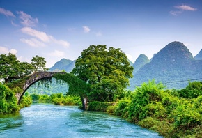 bridge, trees, river, mountains