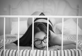 women, portrait, bent over, ass, in bed, women with glasses, glasses, panties, lingerie, tattoo, looking at viewer, monochrome, nose rings, Andre Santos