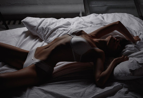Anita Zajarova, women, tanned, lingerie, in bed, skinny, flat belly, arched back, armpits, closed eyes