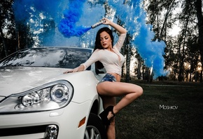 women, jean shorts, ass, car, smoke, women outdoors, grass, trees, cleavage, arms up, belly, nose rings, pierced navel, portrait