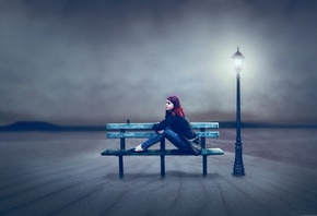 waiting, girl, sitting, bench